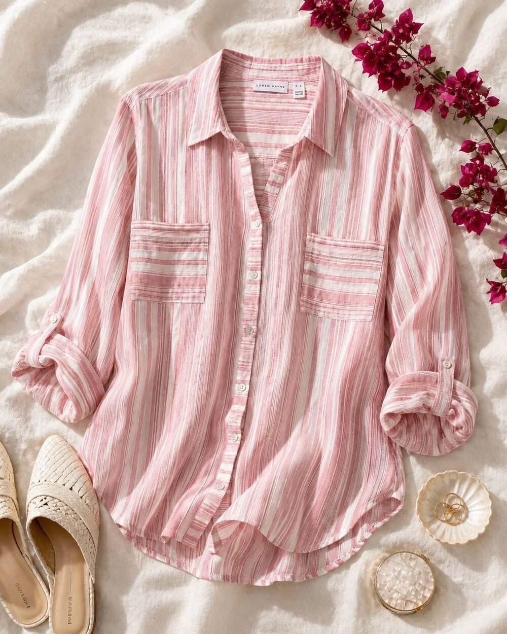 Susan Graver 3X Pink Stripe 100% Cotton Button Down Shirt